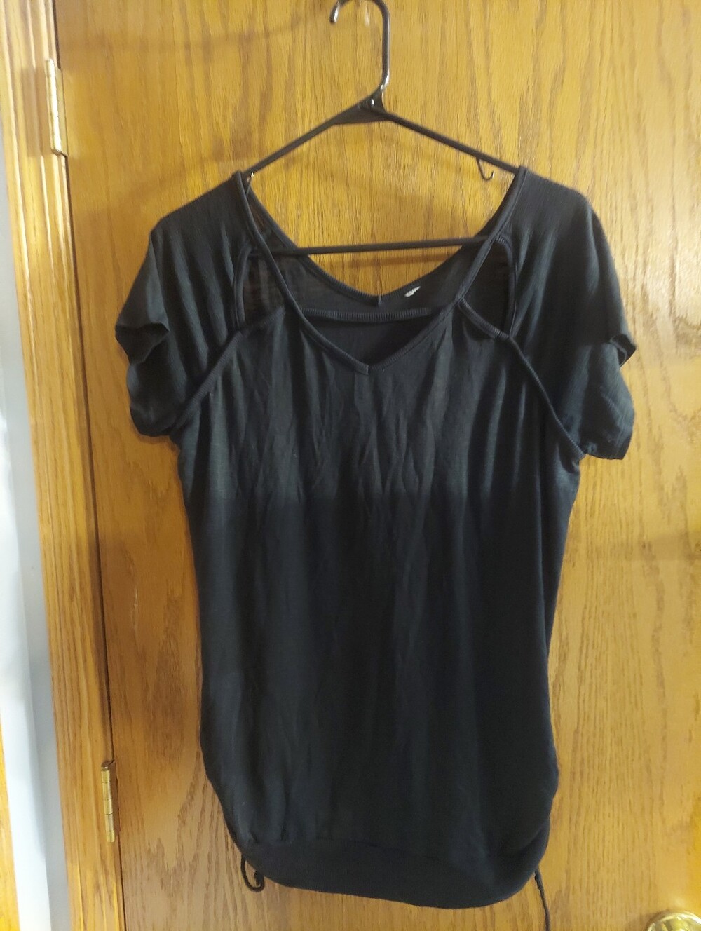 Black Cutout Strappy V-Neck Short Sleeve Top Womens XL Ruched Side Drawstring